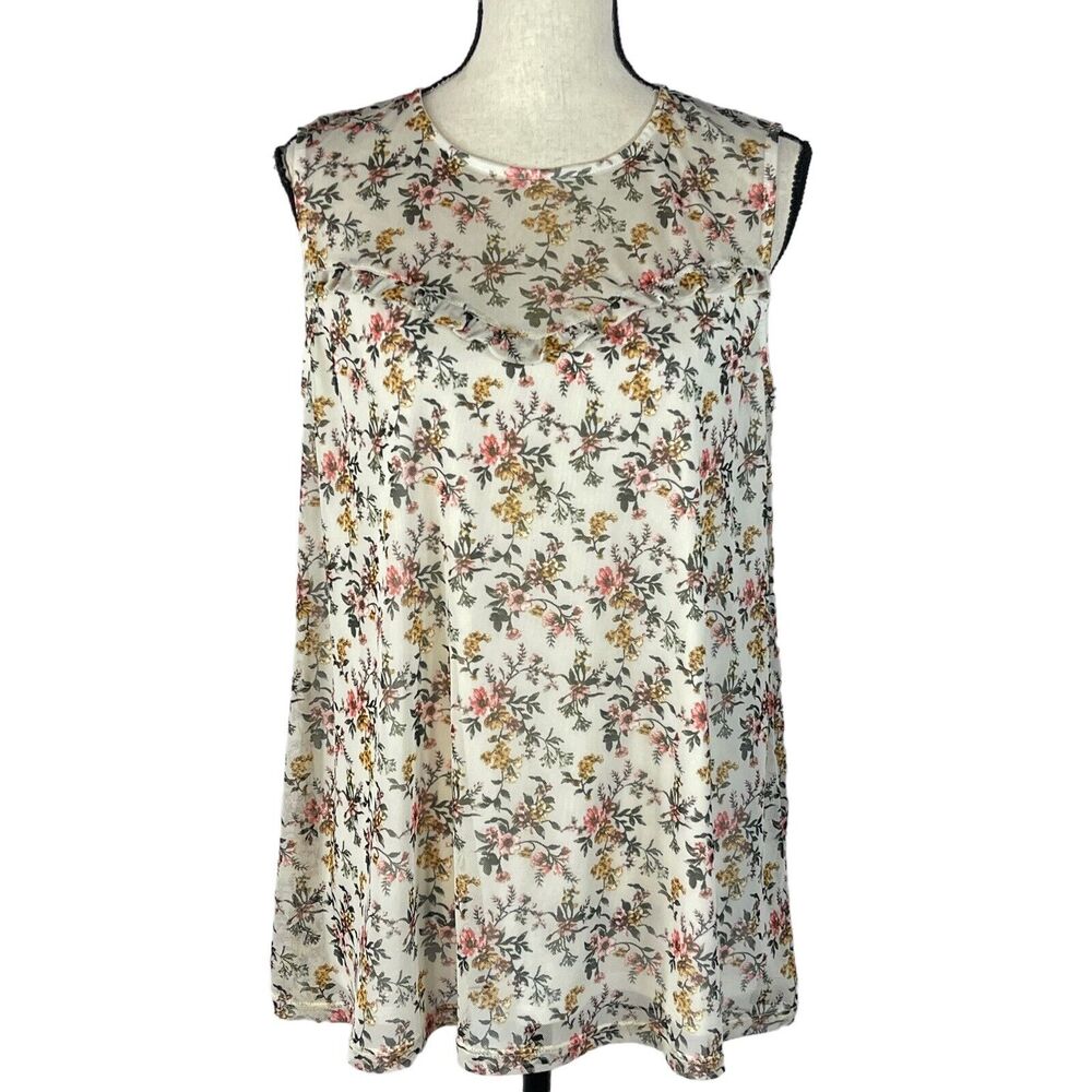 APT 9 Large Top Floral Sleeveless Round Neck Keyhole Lined Stretch Ruffled Cream